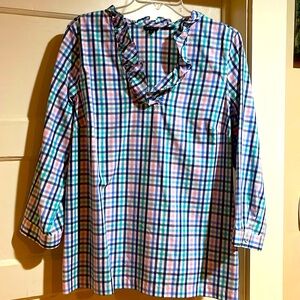 Talbots 14 Plaid Ruffle Neck Blouse